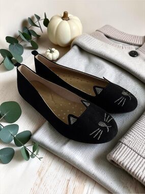 Cat & Jack Big Girls Size 4 Black Cat Face Flats EUC